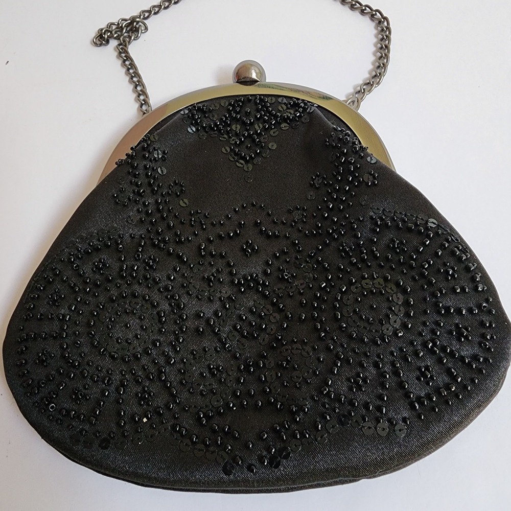 Ann Taylor LOFT Black Beaded Sequin Satin Evening Bag Kiss Lock Clutch NWT
